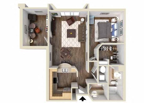 a 1 bedroom floor plan with a bathroom and a living room at Carisbrooke at Manchester Apartments, New Hampshire